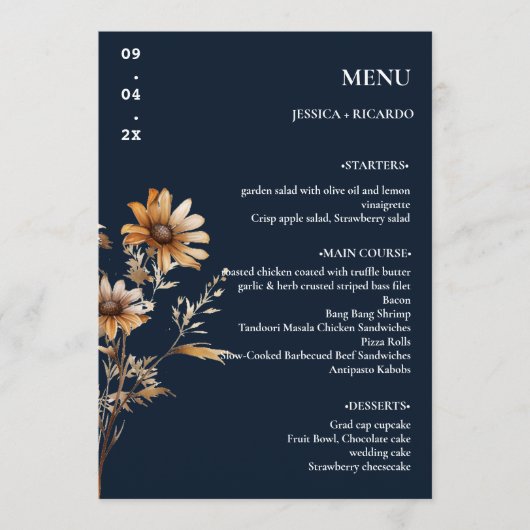 Elegante minimalistische Boho Wildflower Trouwtafe Menu (Voorkant)