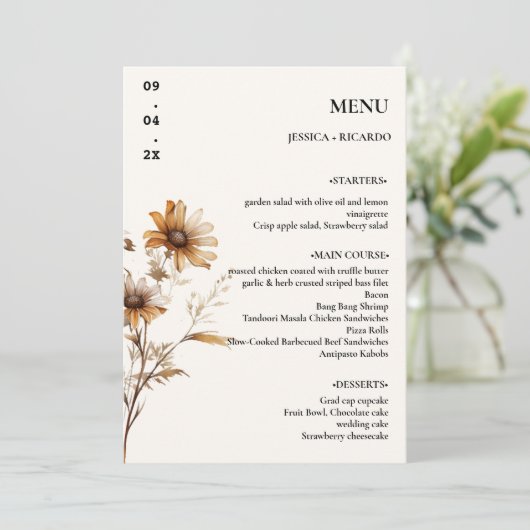 Elegante minimalistische Boho Wildflower Trouwtafe Menu (Staand voorkant)