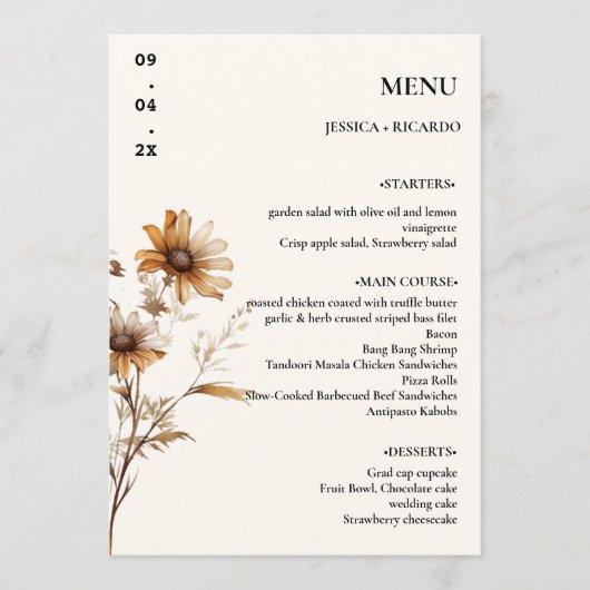 Elegante minimalistische Boho Wildflower Trouwtafe Menu (Voorkant)
