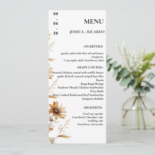 Elegante minimalistische Boho Wildflower Trouwtafe Menu (Staand voorkant)
