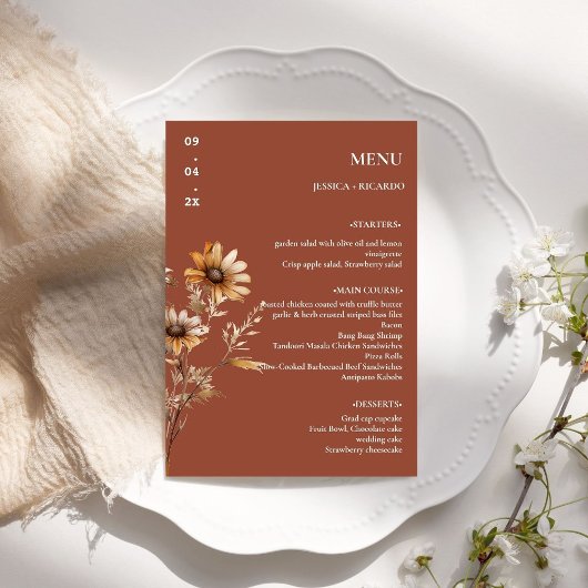 Elegante minimalistische Boho Wildflower Trouwtafe Menu
