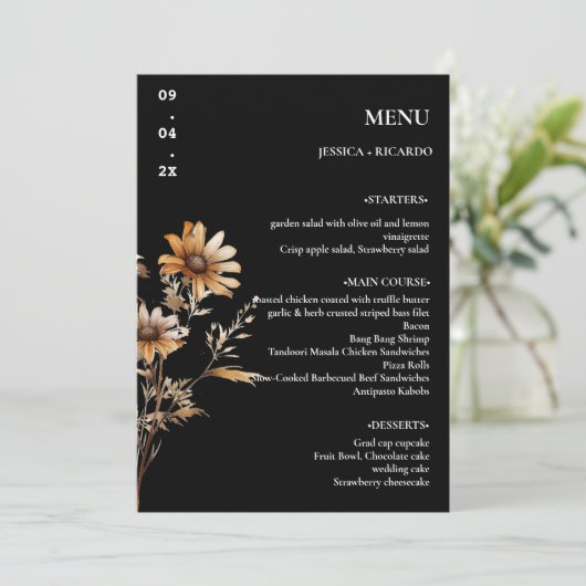 Elegante minimalistische Boho Wildflower Trouwtafe Menu (Staand voorkant)