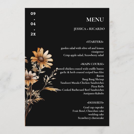 Elegante minimalistische Boho Wildflower Trouwtafe Menu (Voorkant)