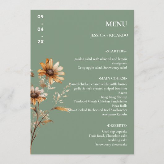 Elegante minimalistische Boho Wildflower Trouwtafe Menu (Voorkant)