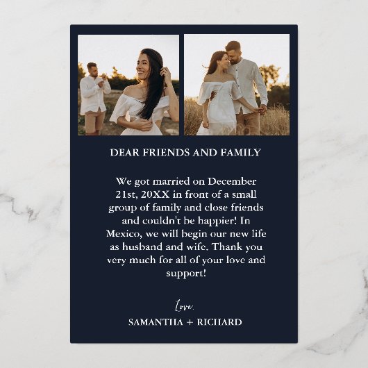 Elegante minimalistische boog marineblauw ontwikke folie uitnodiging (Achterkant)