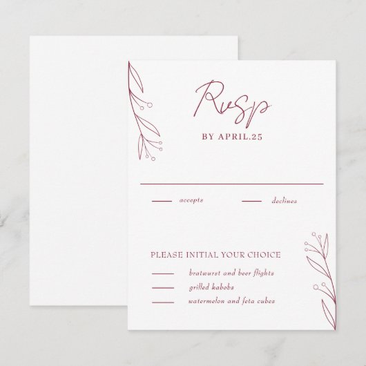 Elegante Minimalistische Botanische Wijnrode RSVP (Voorkant / Achterkant)