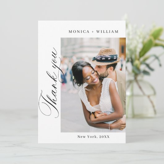 Elegante minimalistische bruiloft 5 foto bedankkaart (Staand voorkant)