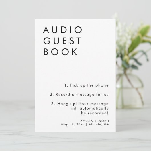 Elegante minimalistische bruiloft Audio Guestbook Kaart (Staand voorkant)