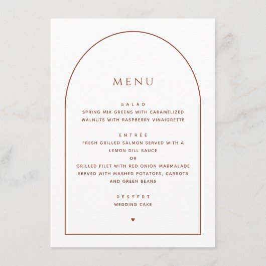 Elegante minimalistische bruiloft | Boog Receptie Menu (Voorkant)