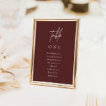 Elegante minimalistische bruiloft bordeaux zitgraf kaart<br><div class="desc">Help je gasten hun weg te vinden met deze tafelnummerkaarten. Gebruik deze miniatuur tafelkaarten in plaats van uw algemene zitkaart door ze op een houten plank, spiegel of ander oppervlak te bevestigen om te voldoen aan uw trouwstijl. Het ontwerp is voorzien van een handgeschreven lettertype en een modern minimalistisch design....</div>
