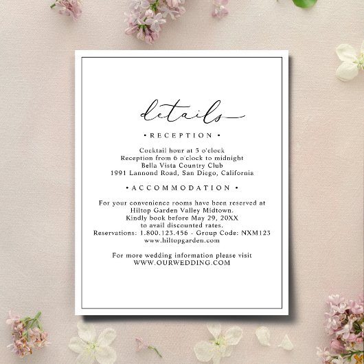 Elegante minimalistische bruiloft details behuizin informatiekaartje