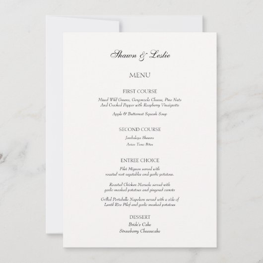 Elegante minimalistische bruiloft drie gangen menu kaart (Voorkant)