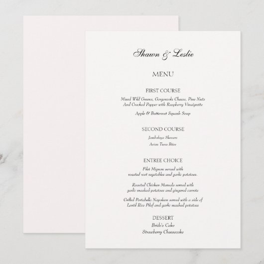 Elegante minimalistische bruiloft drie gangen menu kaart (Voorkant / Achterkant)