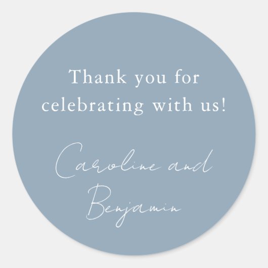Elegante minimalistische bruiloft Dusty Blue dank  Ronde Sticker (Voorkant)