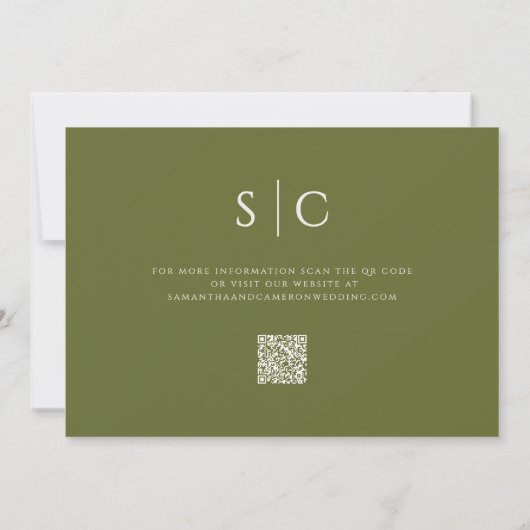Elegante minimalistische bruiloft monogram QR Olij Save The Date (Achterkant)