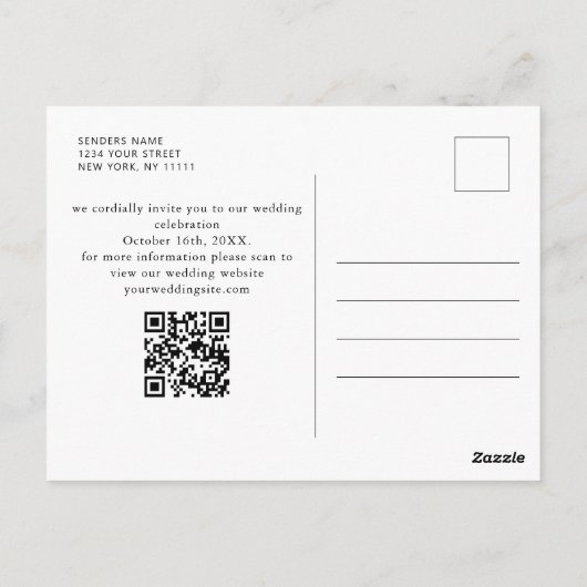Elegante minimalistische bruiloft QR-code Bewaar d Briefkaart (Achterkant)