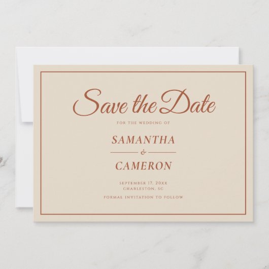 Elegante minimalistische bruiloft terracotta rusti save the date (Voorkant)
