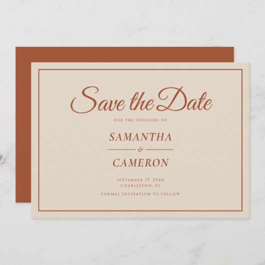 Elegante minimalistische bruiloft terracotta rusti save the date (Voorkant / Achterkant)