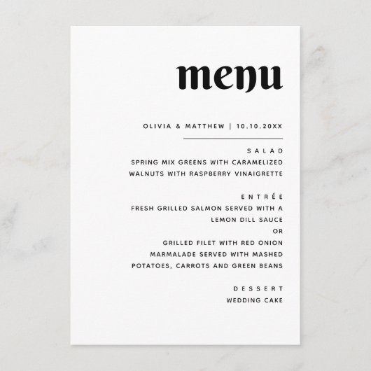 Elegante minimalistische bruiloft | Zwart-wit dine Menu (Voorkant)