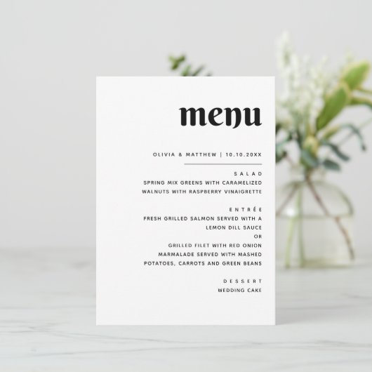 Elegante minimalistische bruiloft | Zwart-wit dine Menu (Staand voorkant)