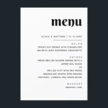 Elegante minimalistische bruiloft | Zwart-wit dine Menu<br><div class="desc">Maak uw receptietafels compleet met deze minimalistische trouwmenukaart, ontworpen met een heldere witte achtergrond en gedurfde zwarte typografie voor een tijdloze look. De strakke lay-out benadrukt elke cursus duidelijk, waardoor het gemakkelijk is voor gasten om mee te gaan en tegelijkertijd een vleugje moderne elegantie aan uw tafelblad toe te voegen....</div>