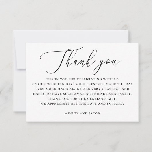 Elegante minimalistische bruiloft | Zwart-witscrip Bedankkaart (Voorkant)