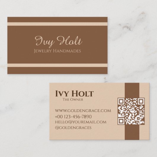 Elegante minimalistische bruin beige sieraden QR-c Visitekaartje (Voorkant / Achterkant)