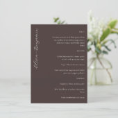 Elegante Minimalistische Bruine Script Huwelijk Menu (Staand voorkant)