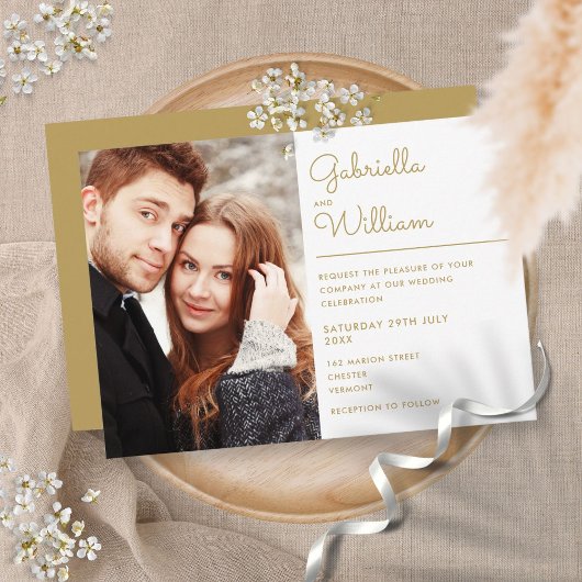 Elegante Minimalistische Chic Gouden Script Foto B Kaart