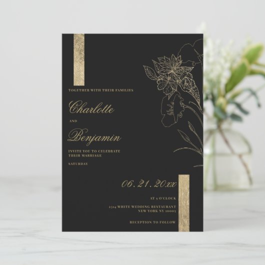 Elegante minimalistische chique zwart gouden bloem kaart (Staand voorkant)