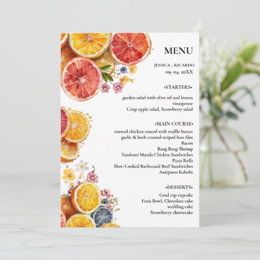 Elegante Minimalistische Citrus Trouwtafel Menu (Staand voorkant)