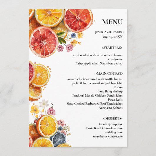 Elegante Minimalistische Citrus Trouwtafel Menu (Voorkant)