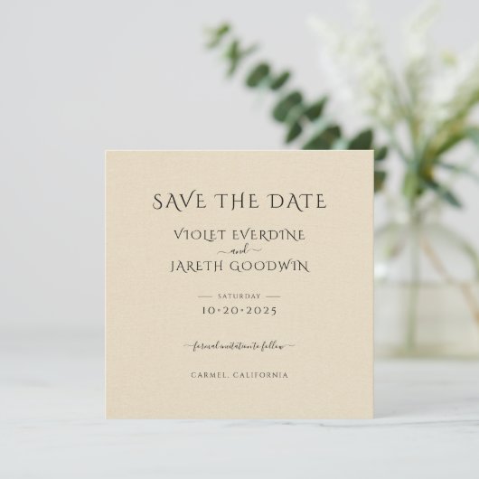 Elegante minimalistische crème linnen effect bruil save the date (Staand voorkant)