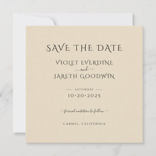 Elegante minimalistische crème linnen effect bruil save the date (Voorkant)