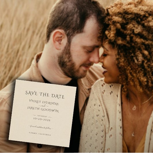 Elegante minimalistische crème linnen effect bruil save the date