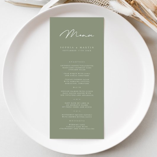 Elegante minimalistische donkergrijze olijf bruilo menu