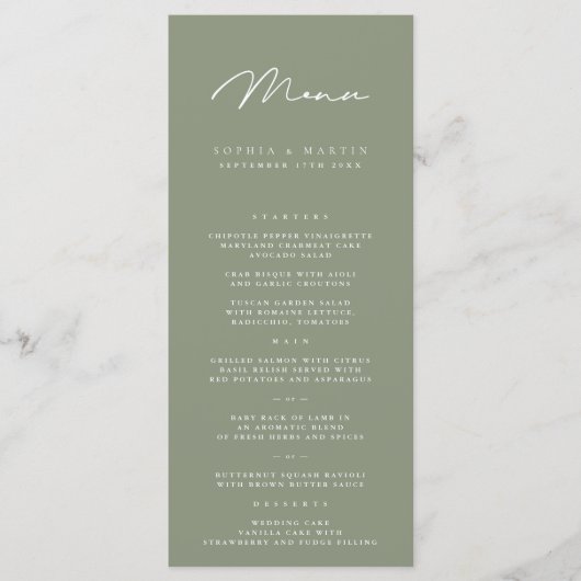 Elegante minimalistische donkergrijze olijf bruilo menu (Voorkant)