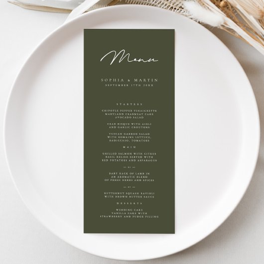 Elegante minimalistische donkergroene bruiloft men menu