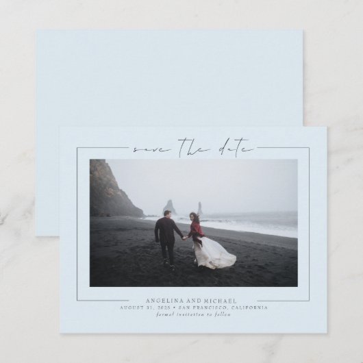 Elegante minimalistische Dusty Blue Save the Date  (Voorkant / Achterkant)