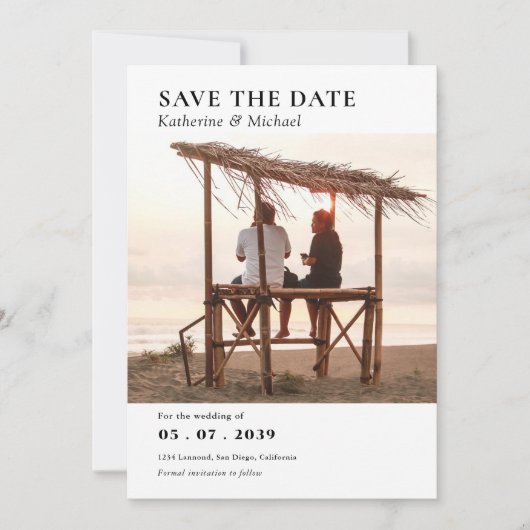 Elegante minimalistische één foto QR code bruiloft Save The Date (Voorkant)