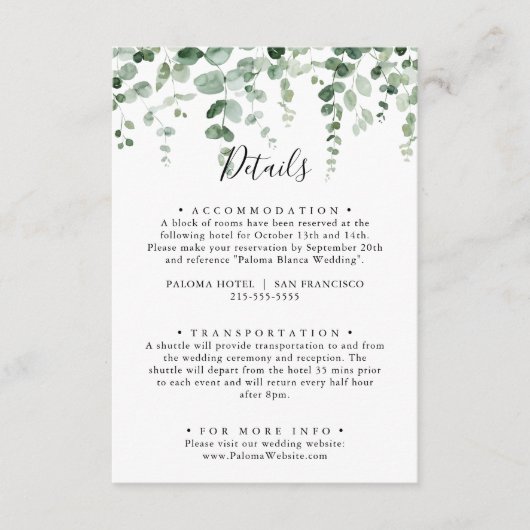 Elegante minimalistische eucalyptus bruiloft detai informatiekaartje (Voorkant)