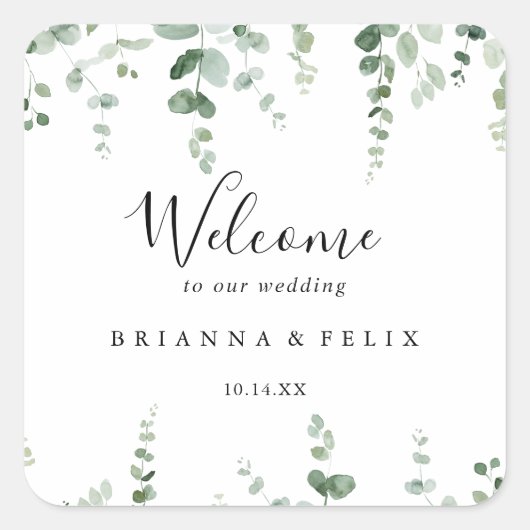 Elegante minimalistische eucalyptus bruiloft welko vierkante sticker (Voorkant)