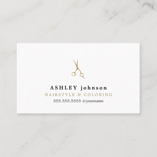 Elegante minimalistische faux gouden schaar kapper visitekaartje (Voorkant)