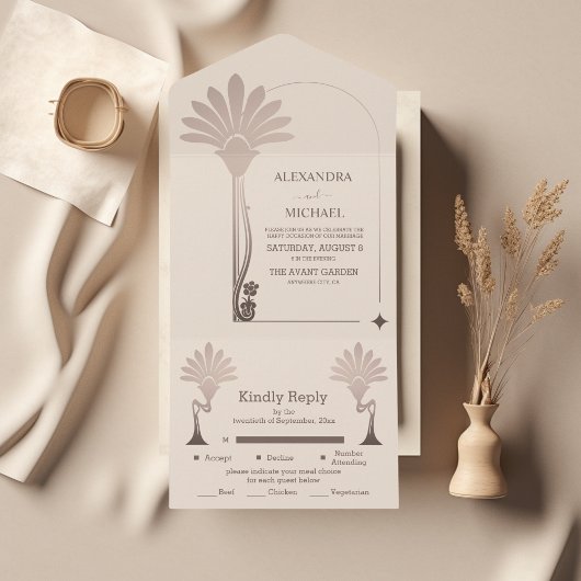 Elegante minimalistische Floral Art Deco bruiloft All In One Uitnodiging