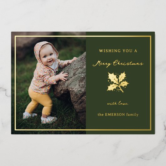 Elegante minimalistische foto groen/goud folie feestdagenkaart (Voorkant)