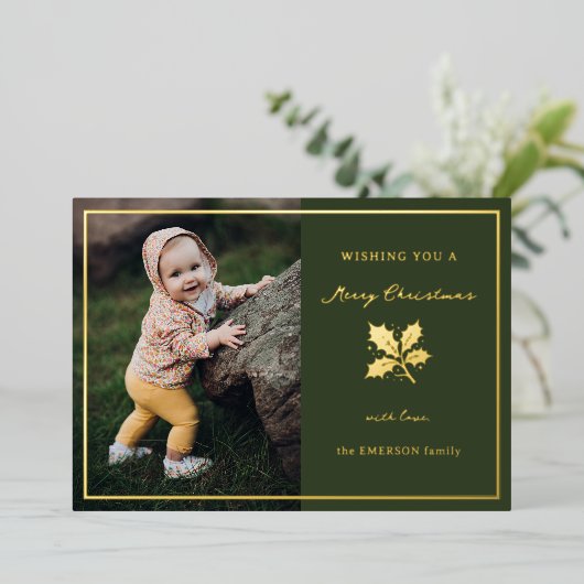 Elegante minimalistische foto groen/goud folie feestdagenkaart (Staand Voorkant)