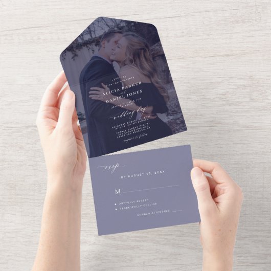 Elegante minimalistische foto navy witte bruiloft all in one uitnodiging (Afscheurbaar)