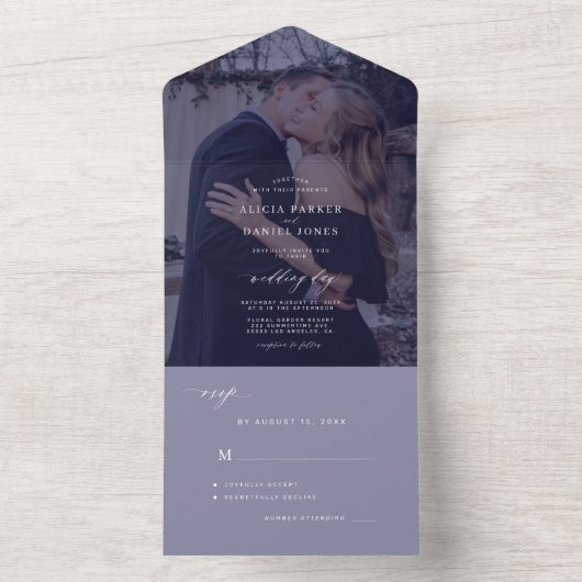 Elegante minimalistische foto navy witte bruiloft all in one uitnodiging (Binnen)