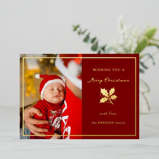 Elegante minimalistische foto rood/goud folie feestdagenkaart (Staand Voorkant)
