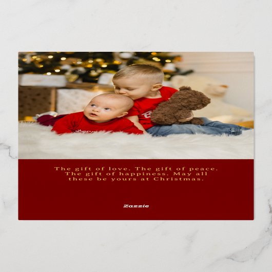 Elegante minimalistische foto rood/goud folie feestdagenkaart (Achterkant)